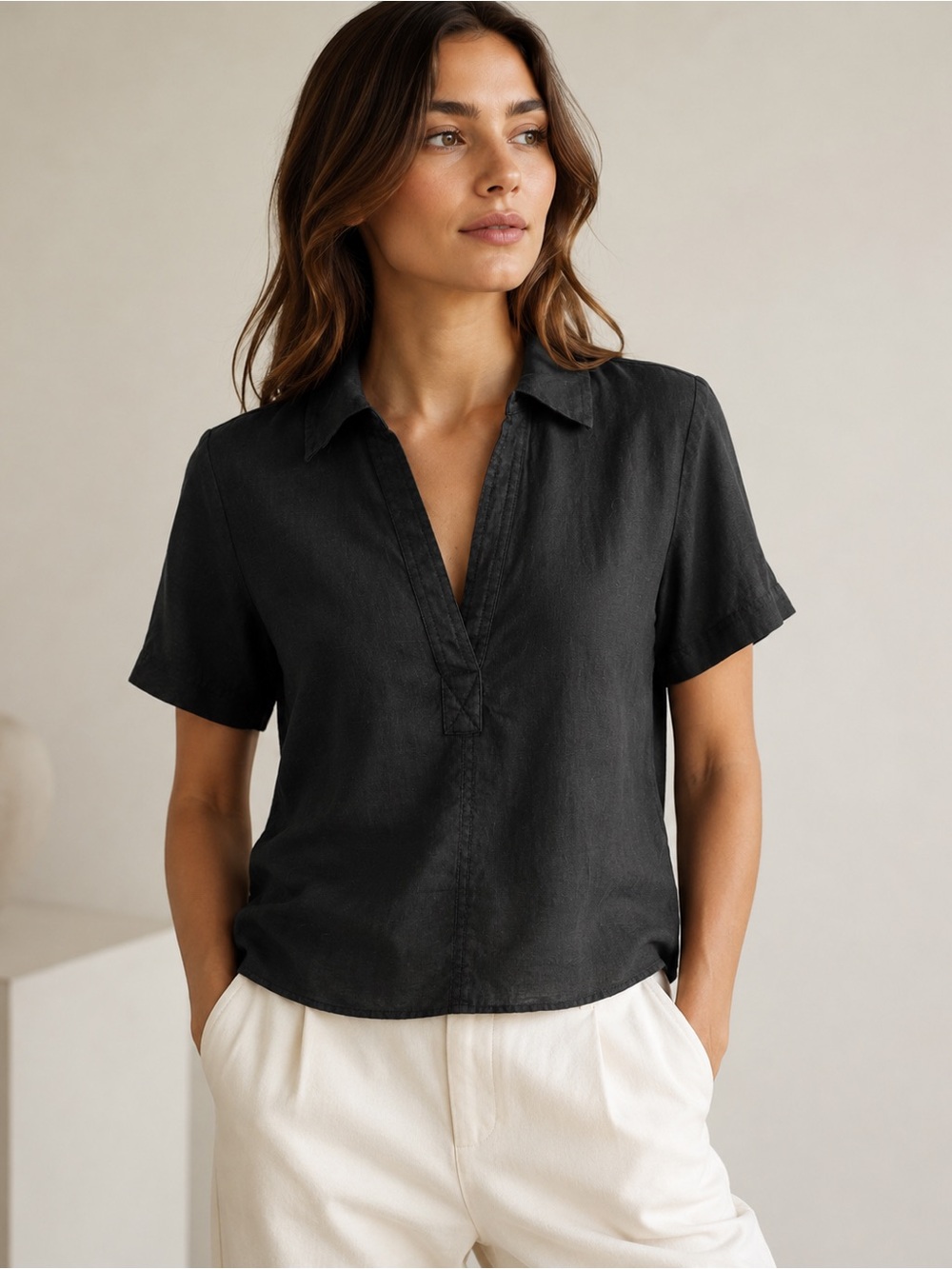 J.Crew Black 100% Linen Short Sleeve Popover Shirt XXS